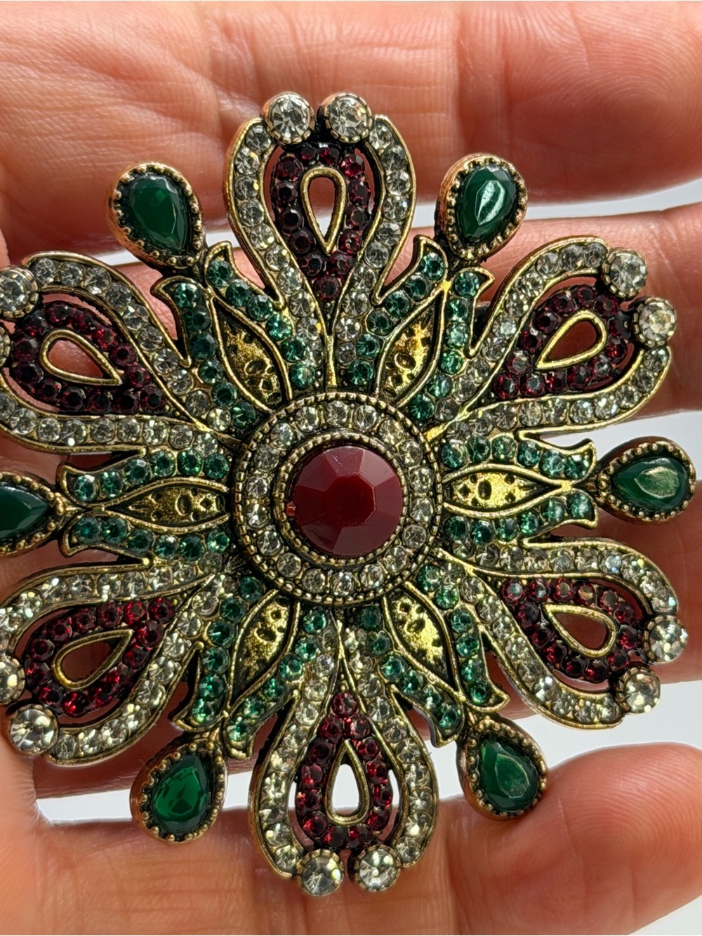 Vintage-Inspired Green & Red Rhinestone Brooch